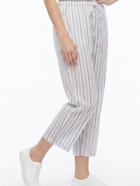 Women's PREMISE 3X White Blue Striped Ankle Crop Lightweight Pajama Lounge Pants